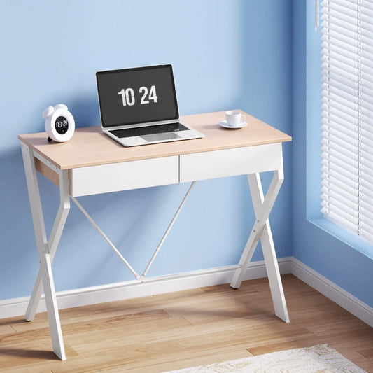 Metal Desk with Drawer - White with Oak Top - Office