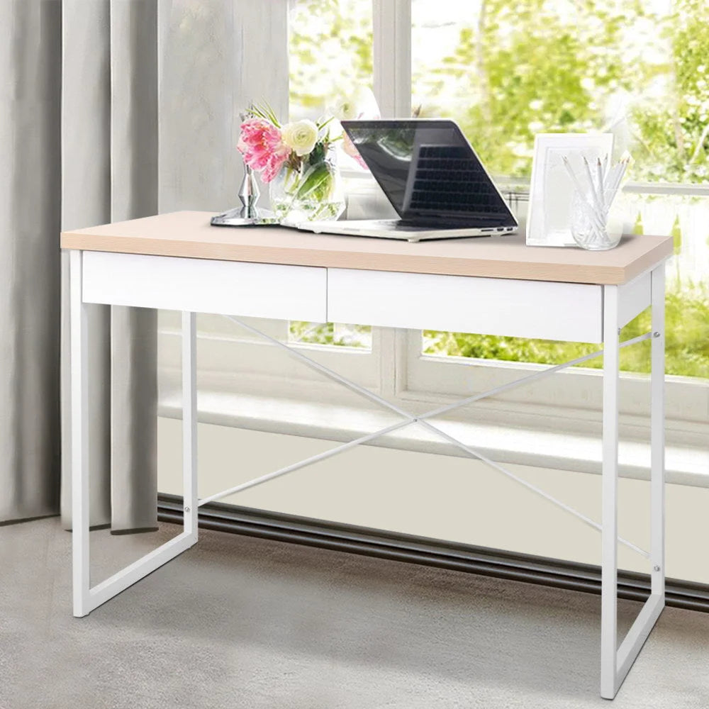 Metal Desk with Drawer White/Wood Top - Office