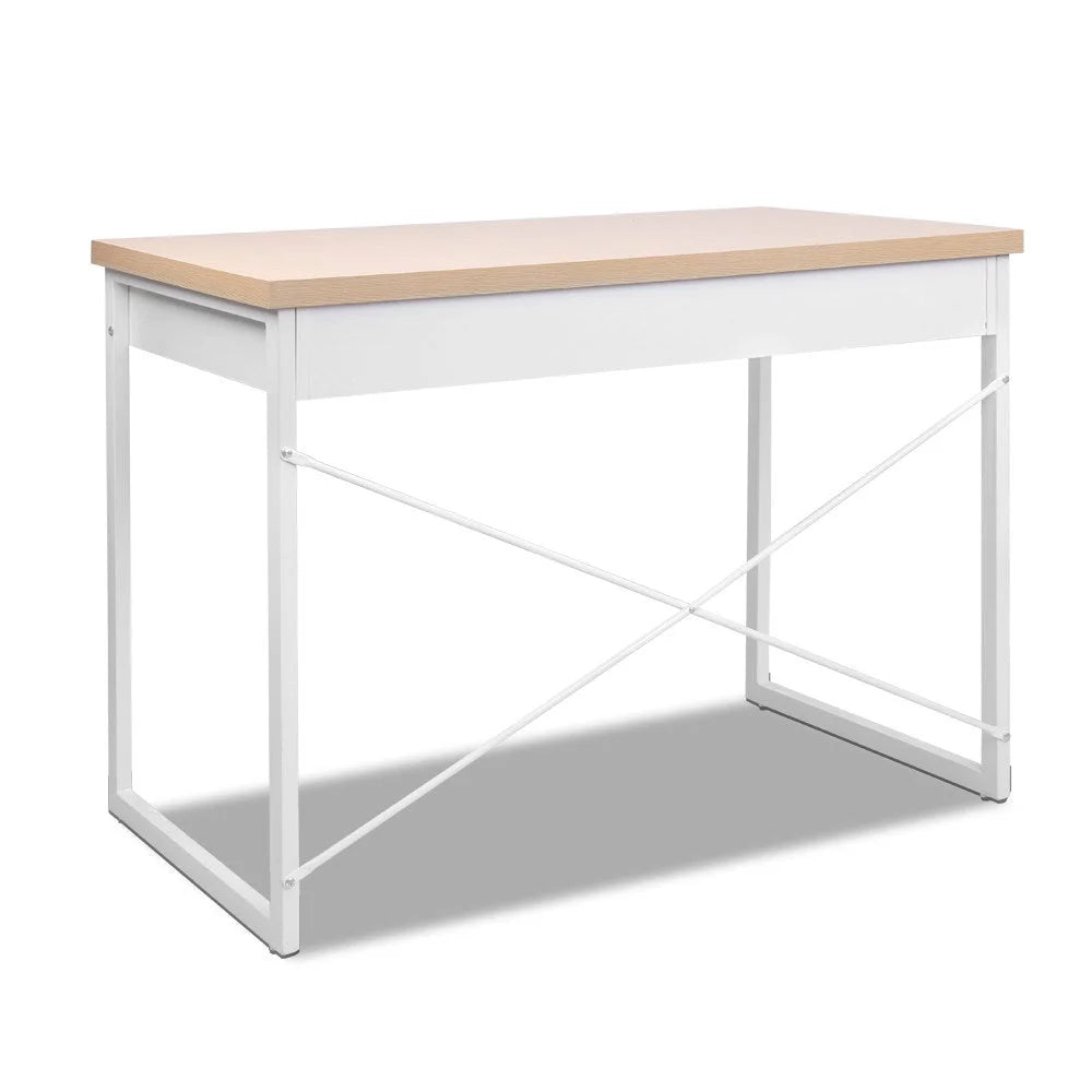 White metal home office desk with workstation surface and side shelves
