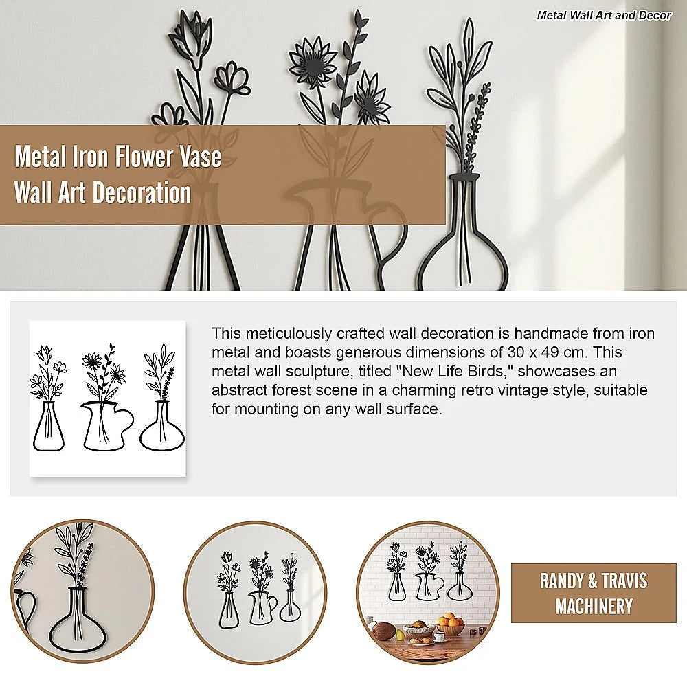 Metal Iron Flower Vase Wall Art Decoration - Home & Garden