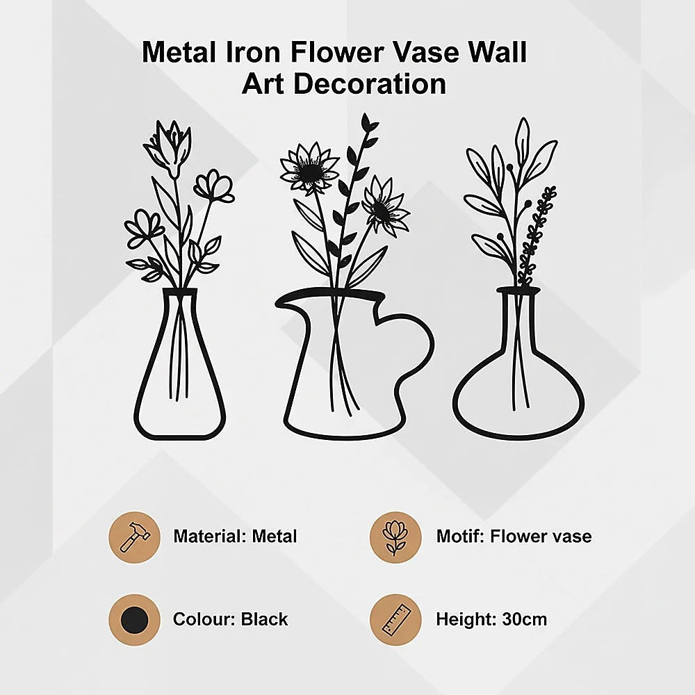 Metal Iron Flower Vase Wall Art Decoration - Home & Garden