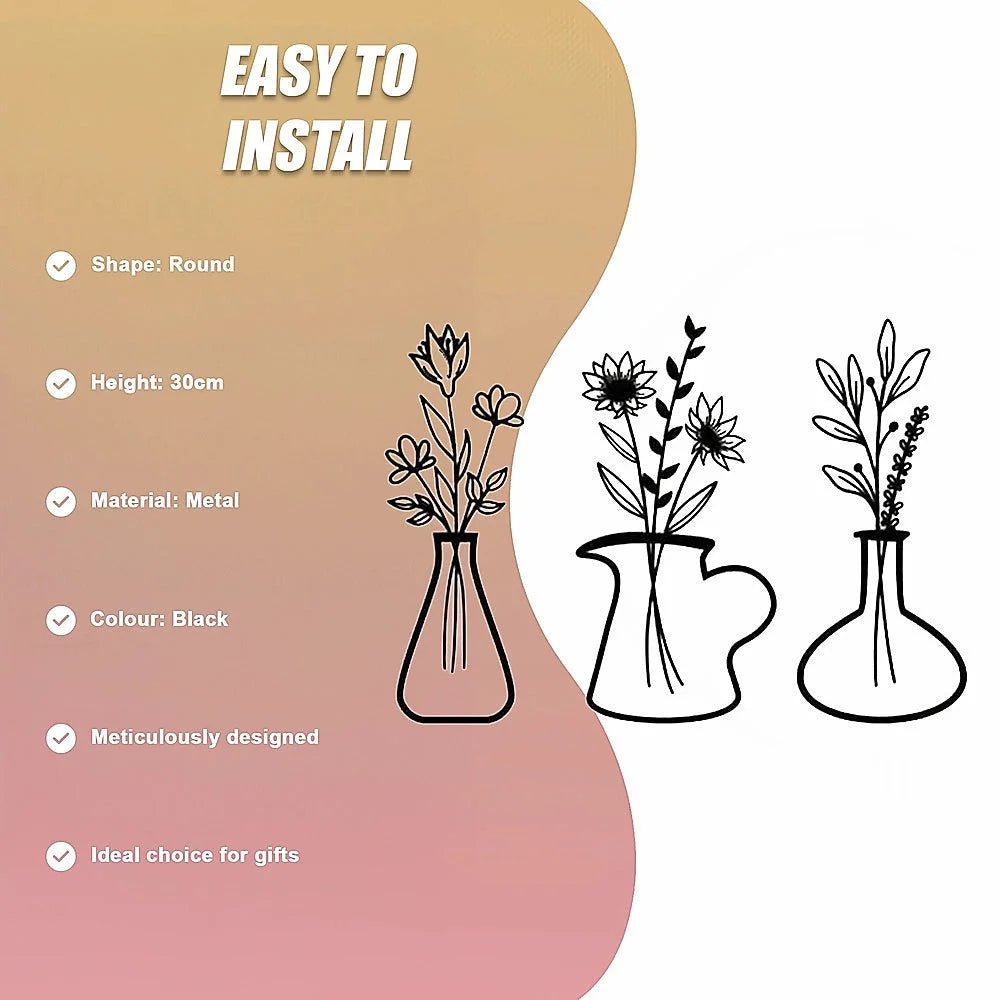 Metal Iron Flower Vase Wall Art Decoration - Home & Garden