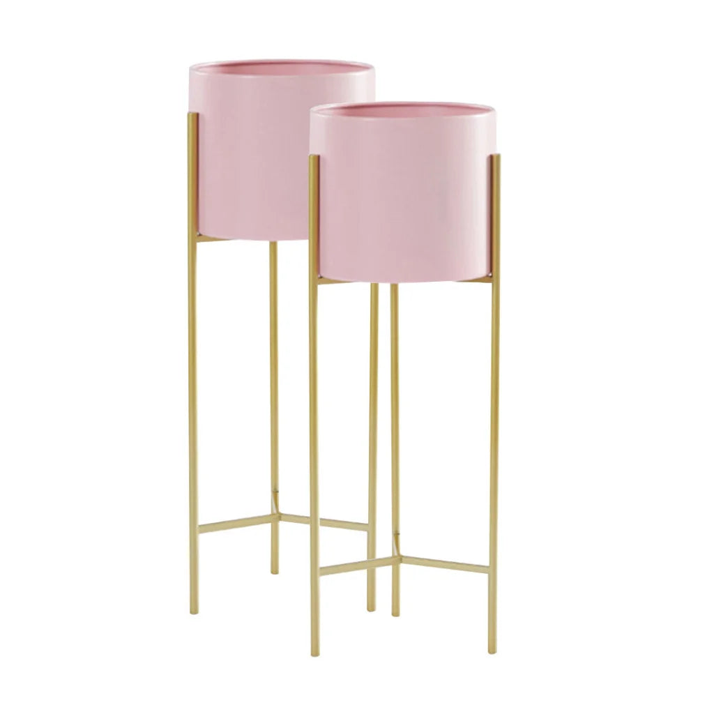 Metal Plant Stand 2X 2 Layer 42cm Gold with Pink Flower Pot Holder Corner Shelving Rack Indoor Display