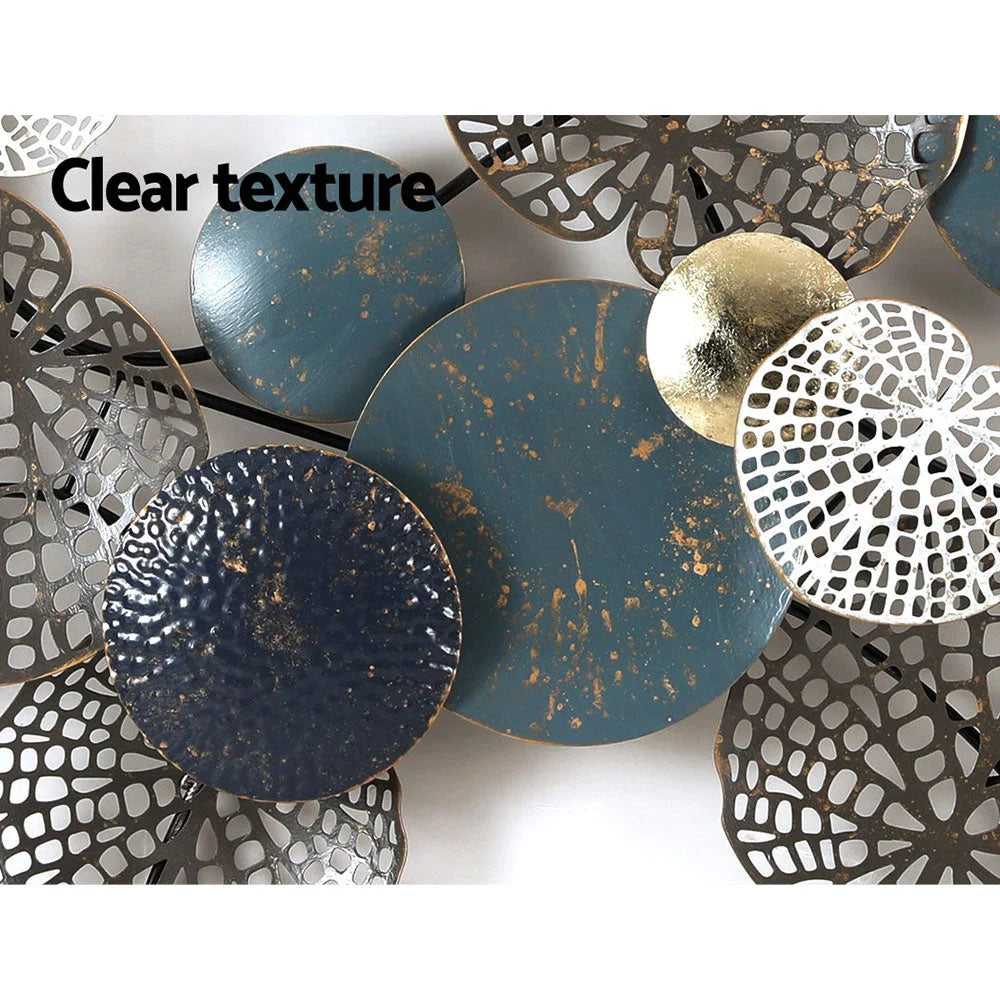 Blue metal 132cm wall art hanging with size cues and product form