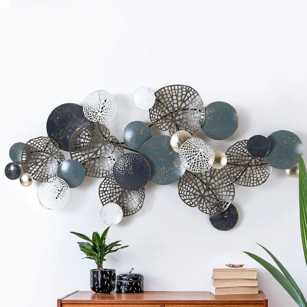 Blue metal 132cm wall art hanging with shape details and included parts