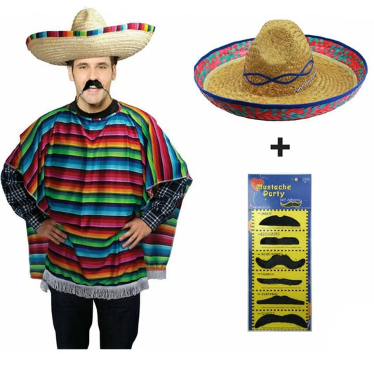 MEXICAN PONCHO & SOMBRERO SET Costume Wild West Moustache