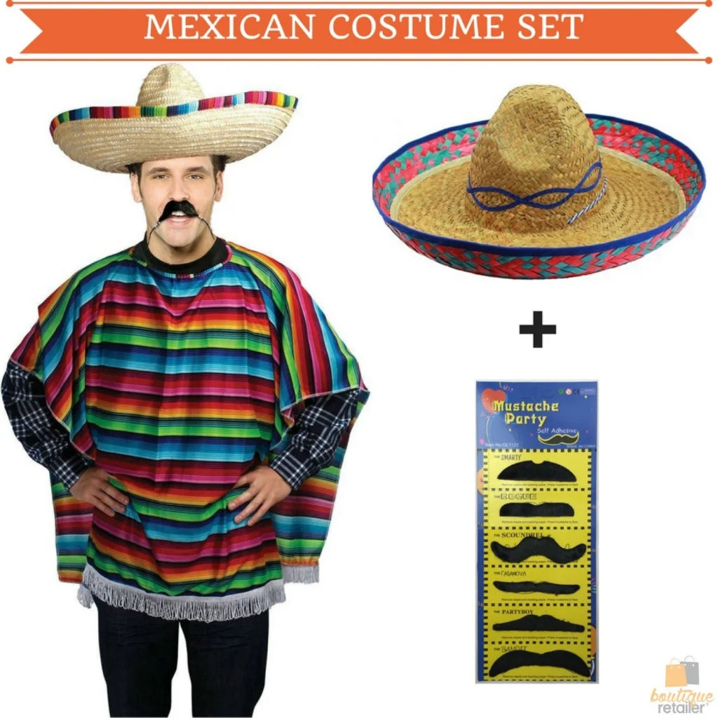 MEXICAN PONCHO & SOMBRERO SET Costume Wild West Moustache
