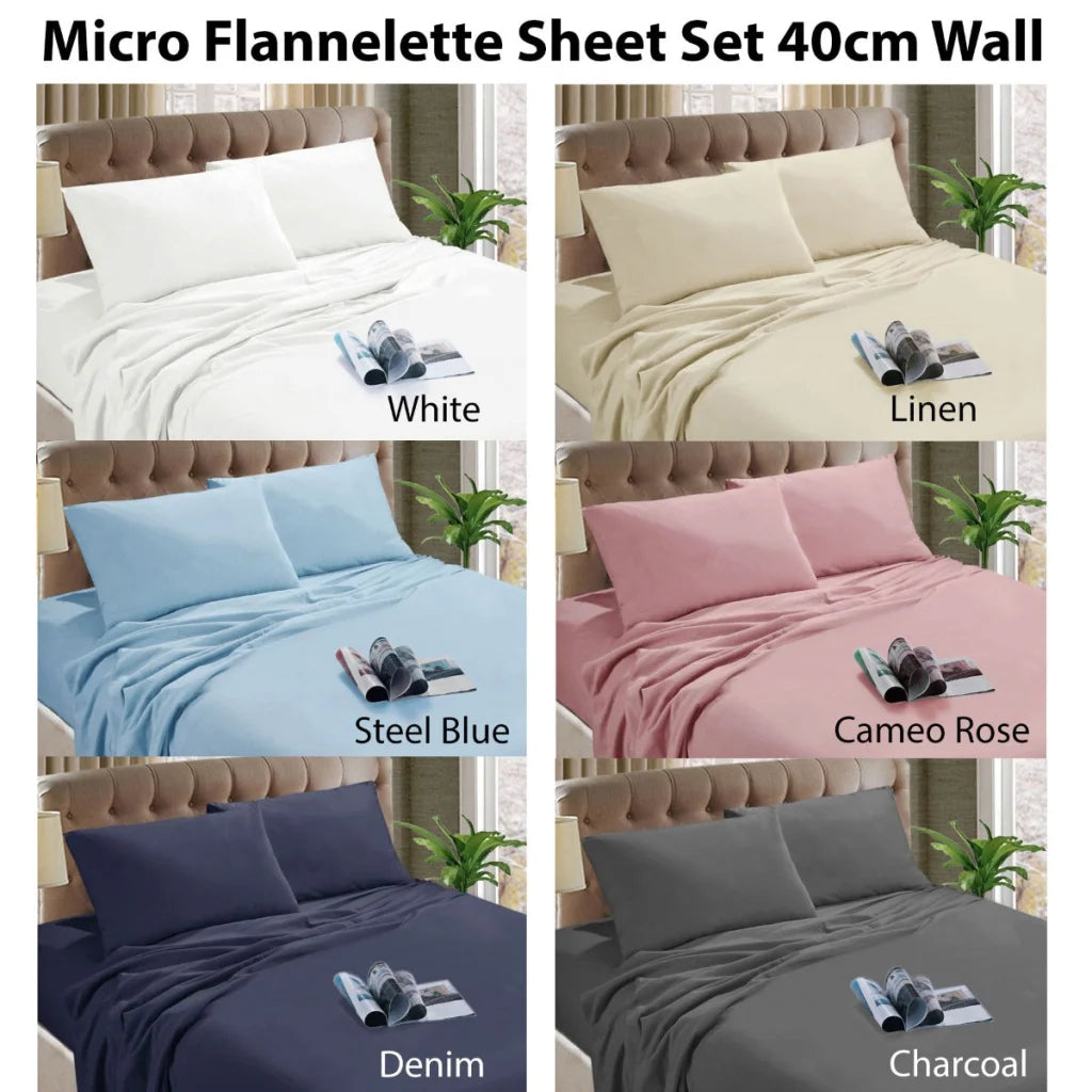 Micro Flannelette Sheet Set 40cm Wall - Kingtex Steel Blue