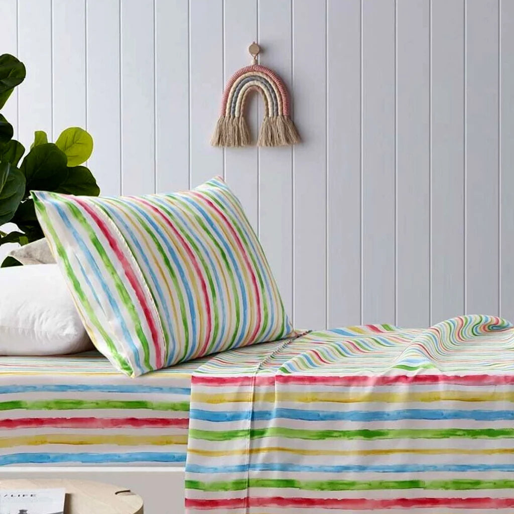 Microfibre Sheet Set Happy Kids Multi Stripes Printed