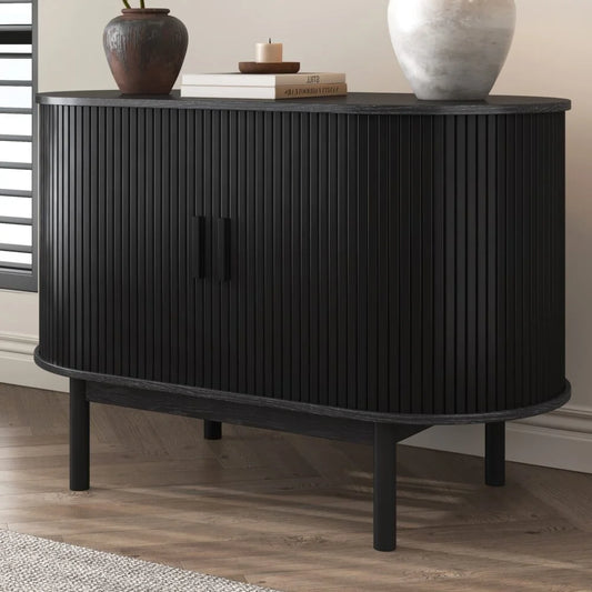 Mid-Century Black Ribbed Sideboard Cabinet - Furniture