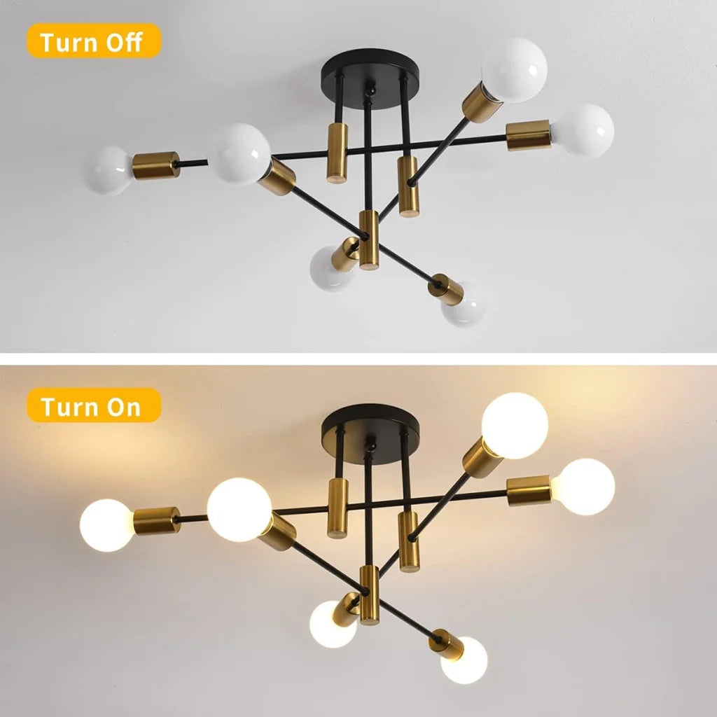Mid-Century Chandelier - Modern 6-Light Black & Gold - Home