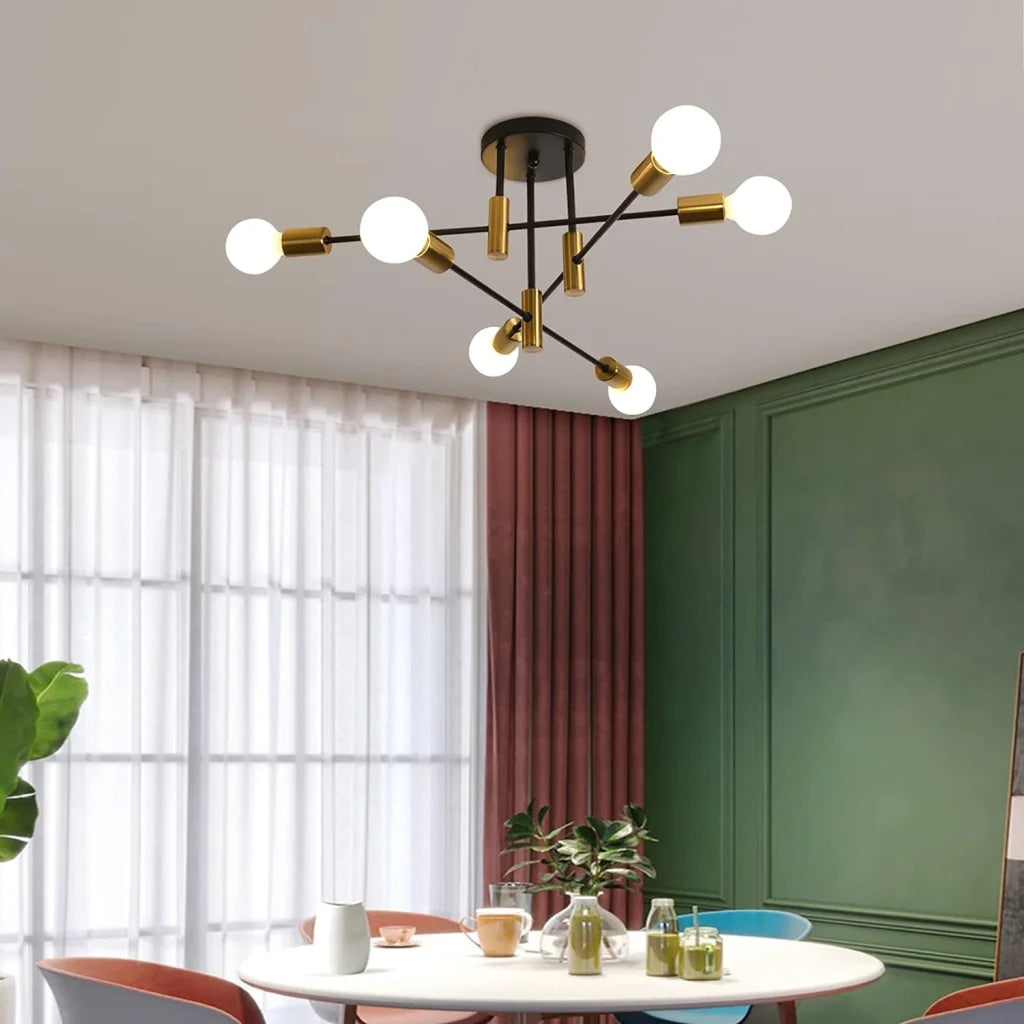 Mid-Century Chandelier - Modern 6-Light Black & Gold - Home