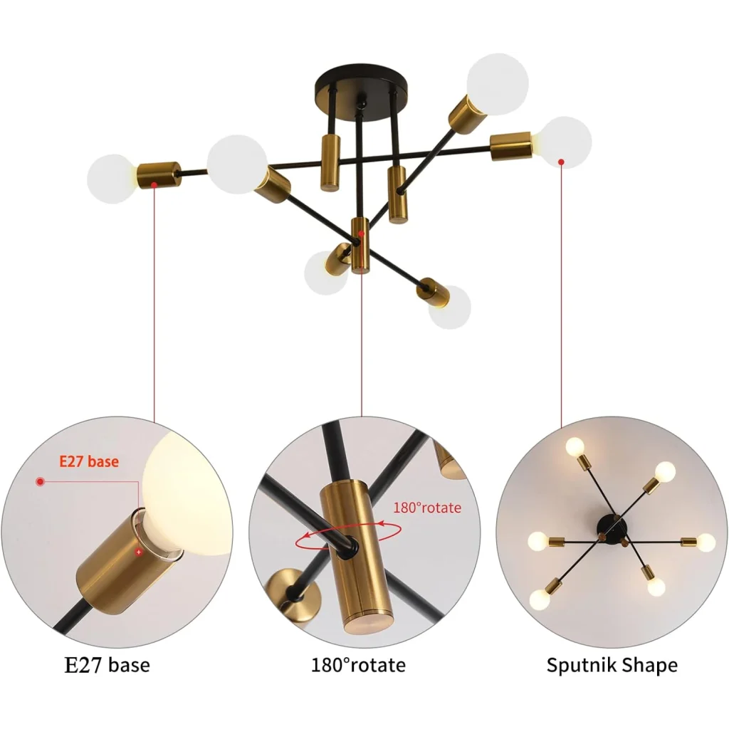 Mid-Century Chandelier - Modern 6-Light Black & Gold - Home