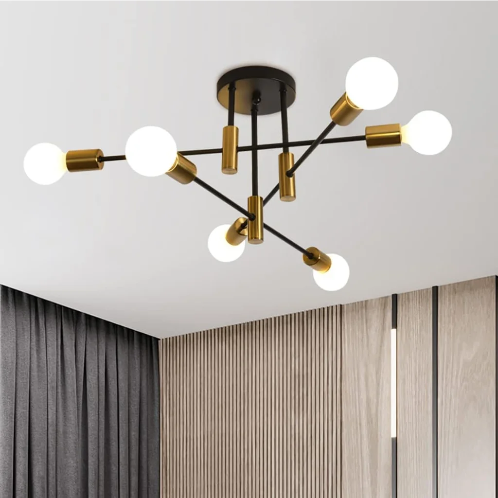 Mid-Century Chandelier - Modern 6-Light Black & Gold - Home