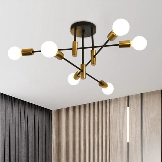 Mid-Century Chandelier - Modern 6-Light Black & Gold - Home