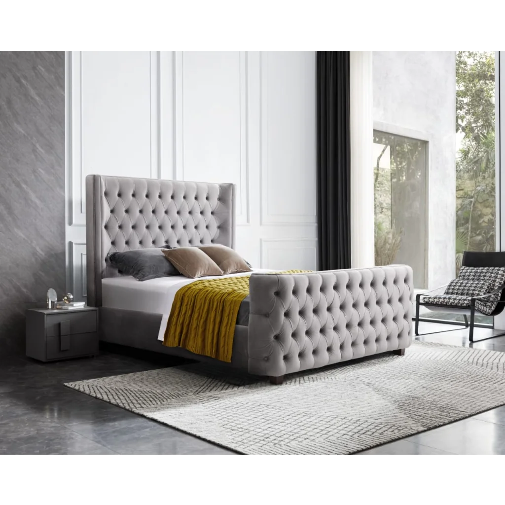 Milan Grey Velvet Tufted Headboard and End board Bed Frame