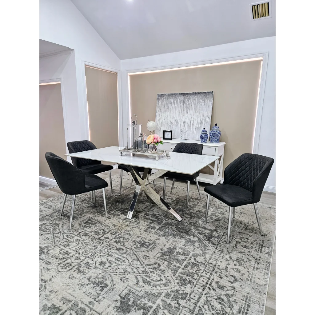 Miles Silver With White Marble Dining Table - 90cm x 180cm