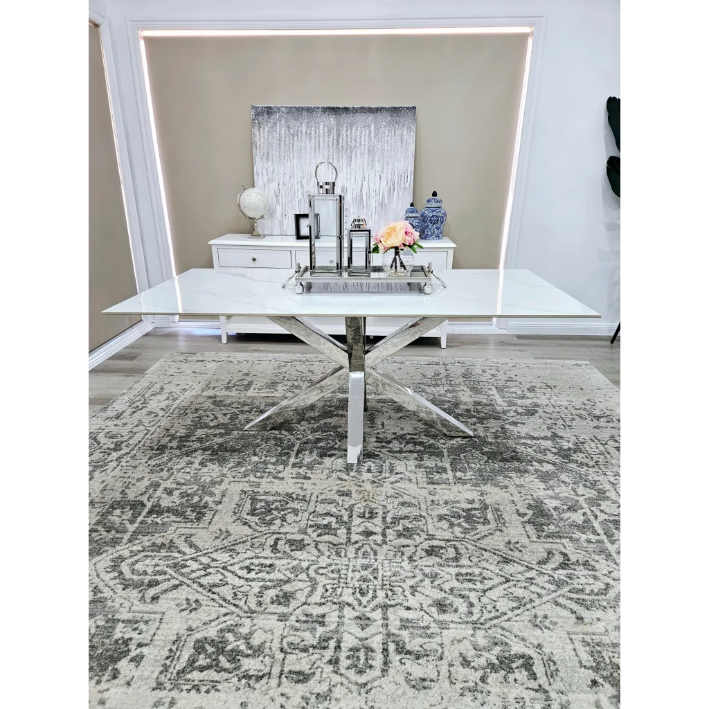 Miles Silver With White Marble Dining Table - 90cm x 180cm