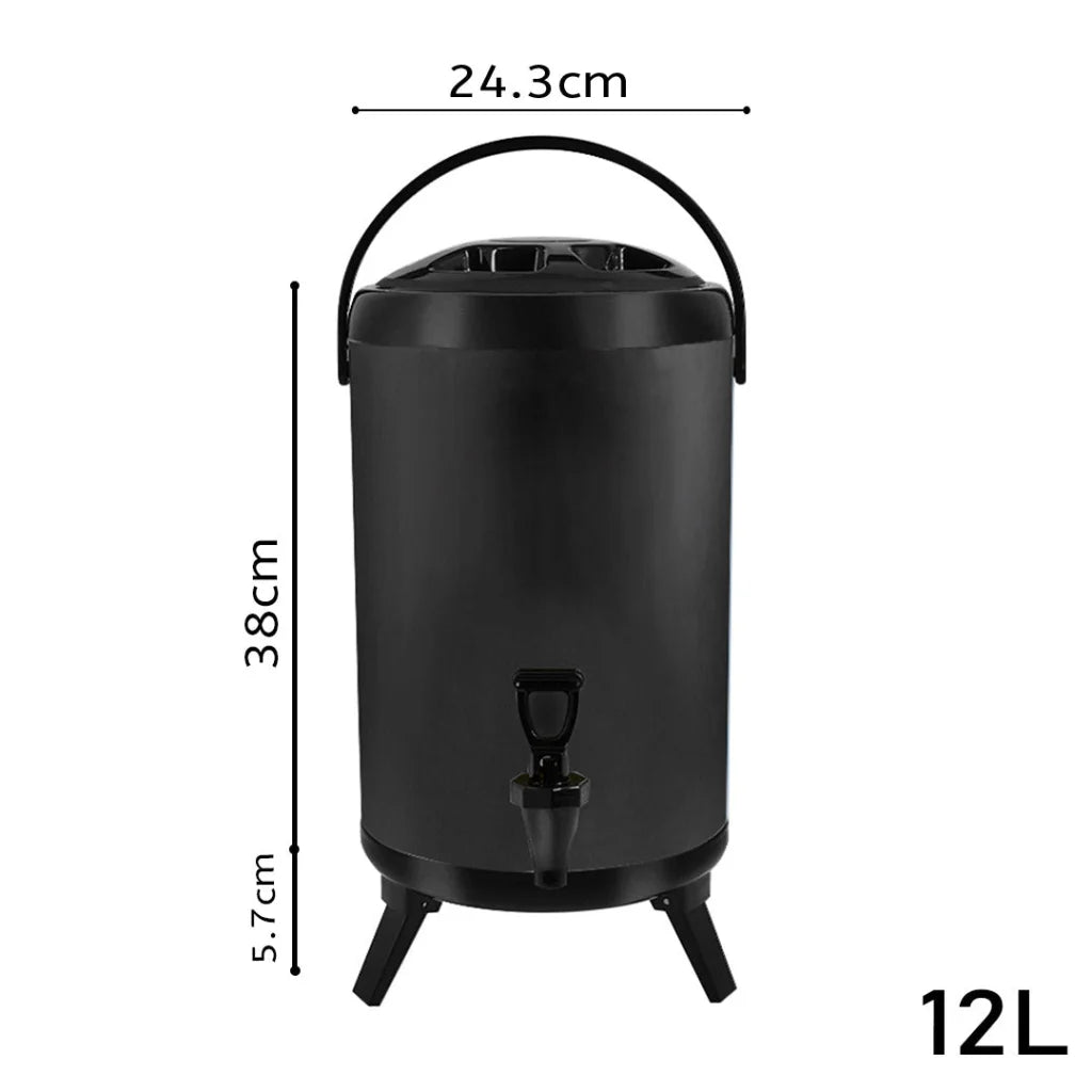 Milk Tea Barrel 12L Stainless Steel Insulated Hot and Cold Beverage Dispenser Container with Faucet - Black