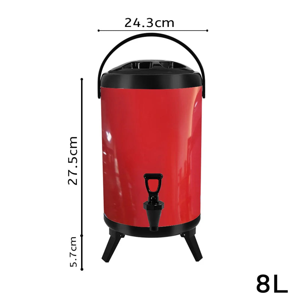 Milk Tea Barrel 8L Premium Stainless Steel Insulated Hot and Cold Beverage Dispenser Container with Faucet - Red