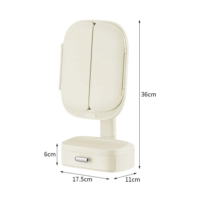 Milky White LED Lighted Tri-Fold Makeup Mirror with Storage