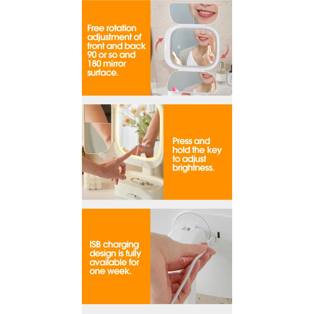 Milky White LED Lighted Tri-Fold Makeup Mirror with Storage