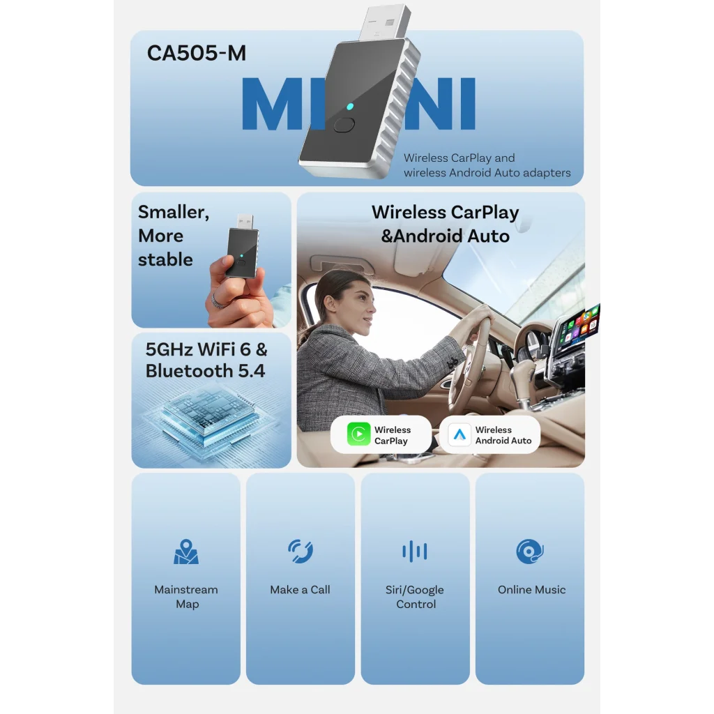 Mini 2-in-1 Wireless CarPlay & Android Auto Adapter - 5GHz