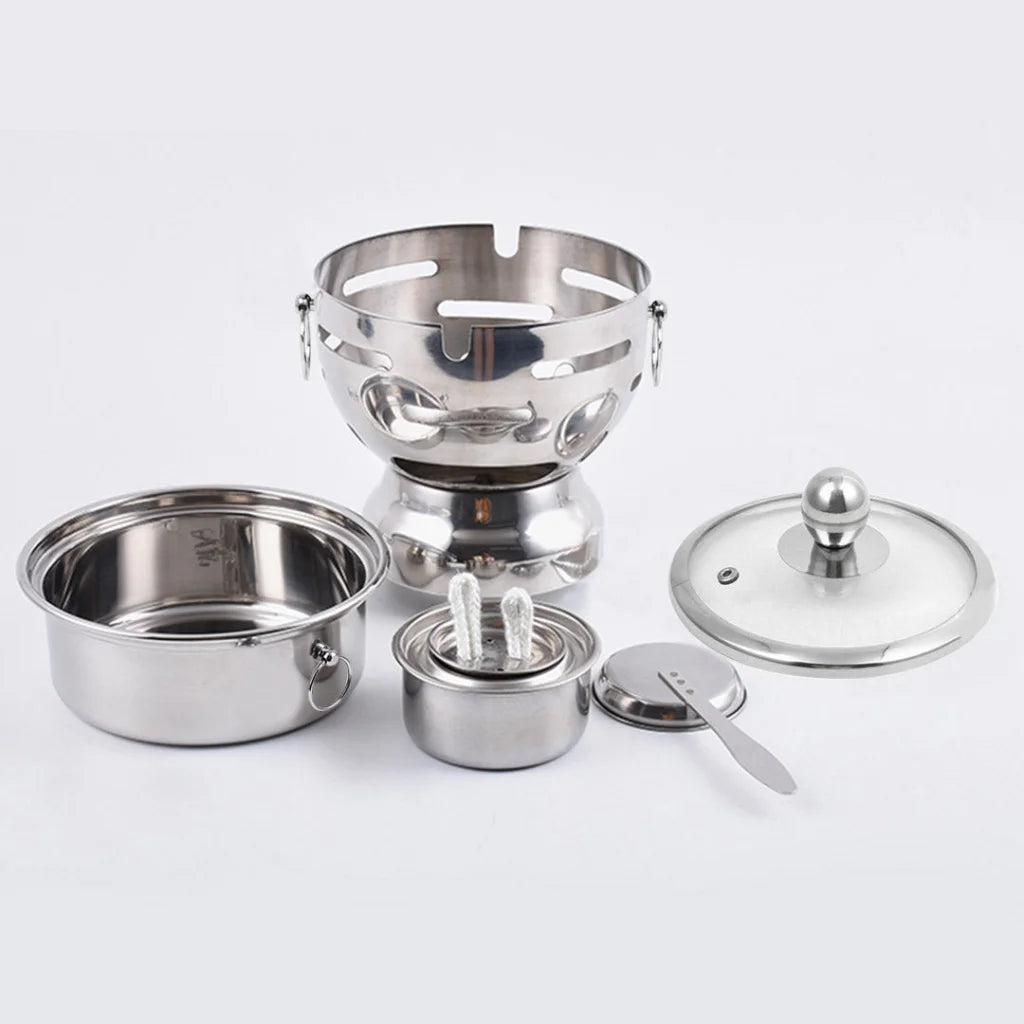 Mini Asian Buffet Hot Pot Premium Stainless Steel Single Person Shabu Alcohol Stove Burner with Glass Lid