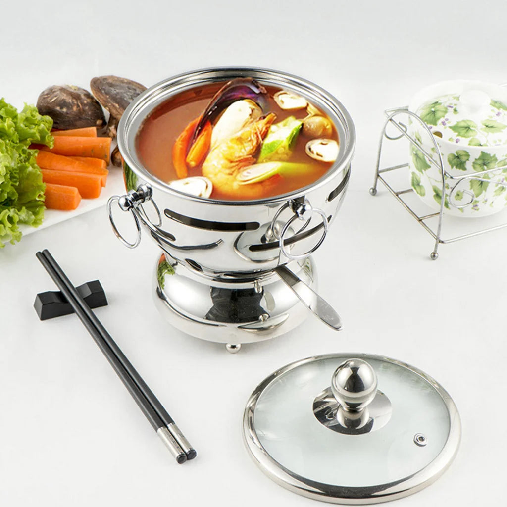 Mini Asian Buffet Hot Pot Premium Stainless Steel Single Person Shabu Alcohol Stove Burner with Glass Lid