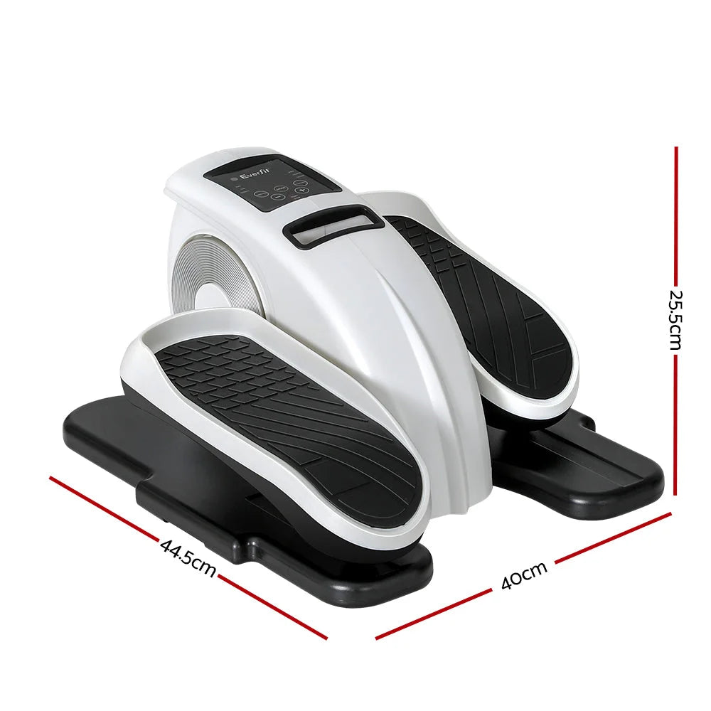White exercise bike with seated workout pedals and stabiliser bars