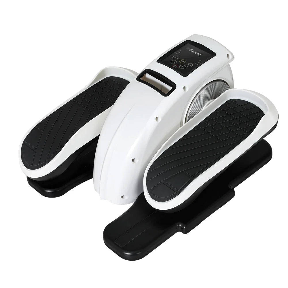 White exercise bike with black pedals and adjustable resistance knob