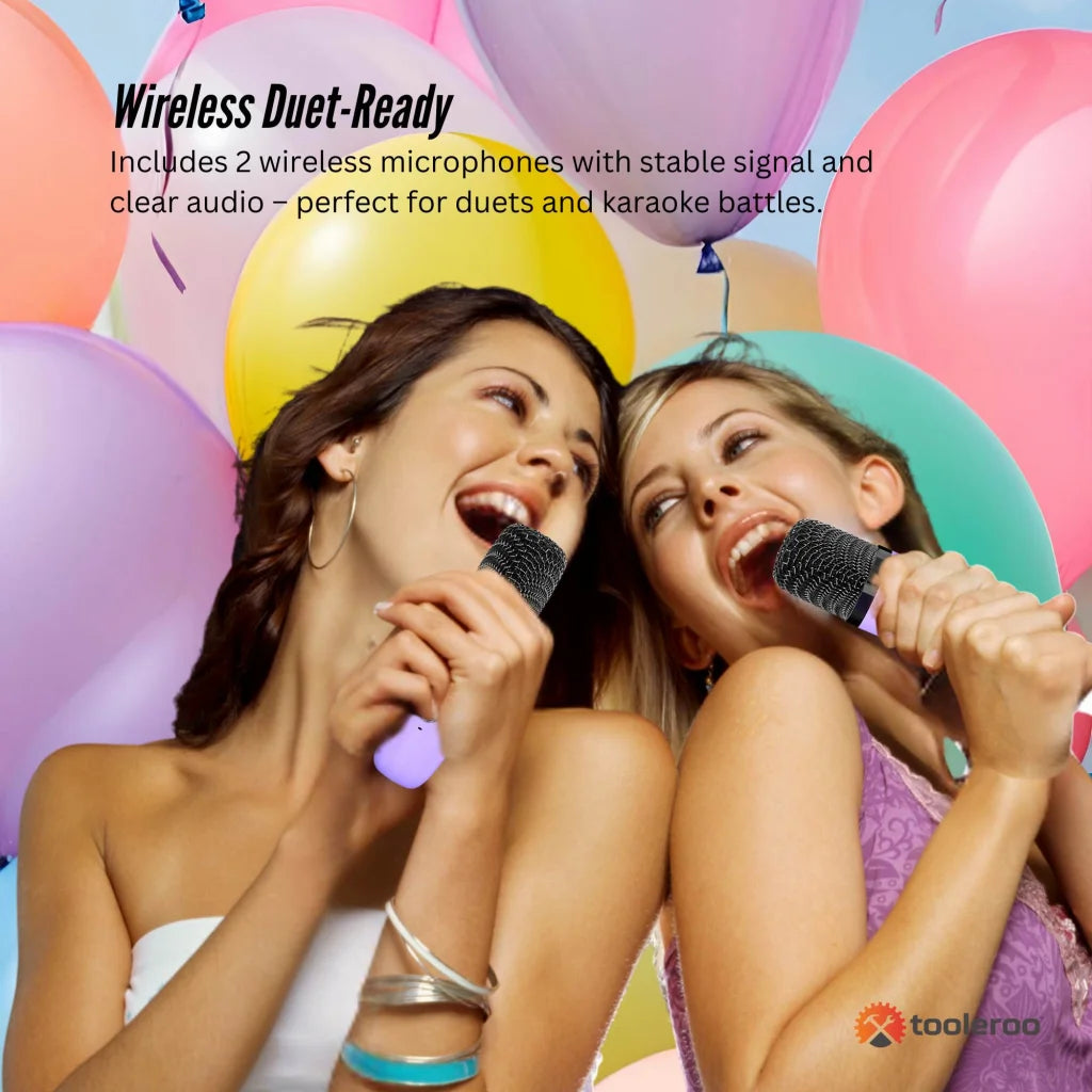 Mini Karaoke Machine - 2x Wireless Microphones Portable
