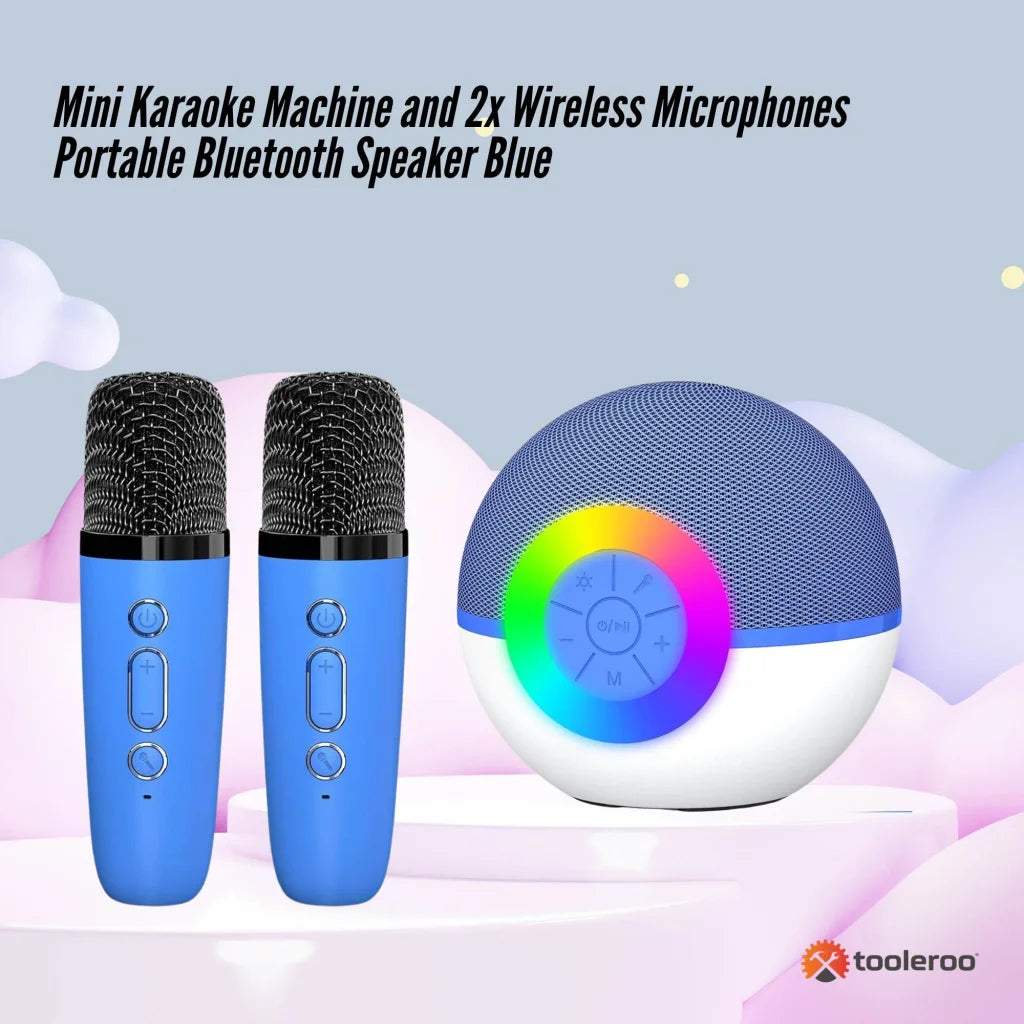 Mini Karaoke Machine 2x Wireless with Microphones Portable Bluetooth Speaker Blue