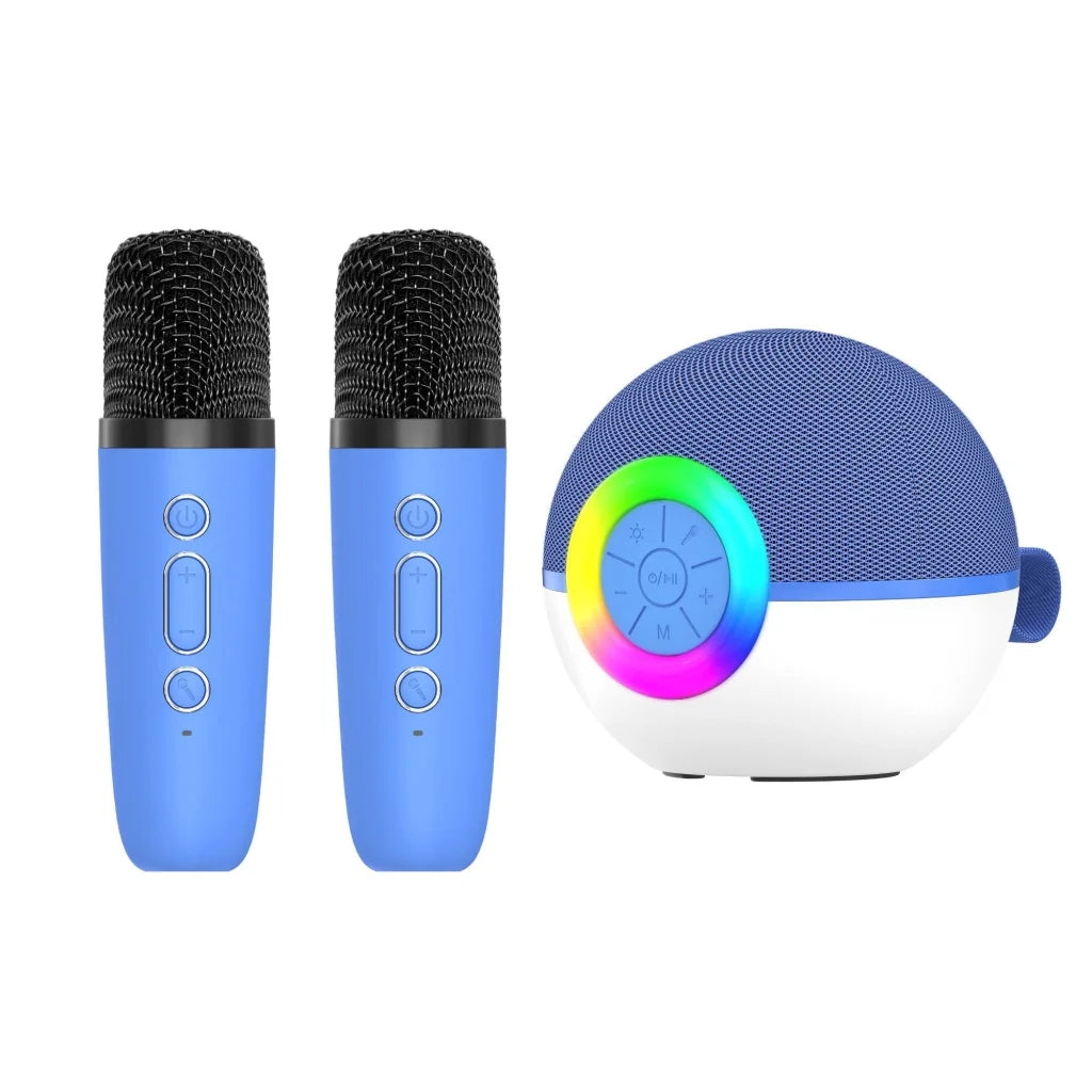 Blue Mini Karaoke Machine 2x Wireless Microphones Portable Bluetooth Speaker