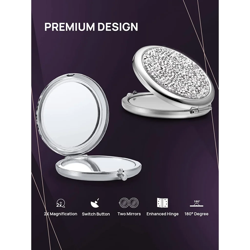 Mini Mix Diamond 1X/2X Magnifying Round Metal Pocket Makeup