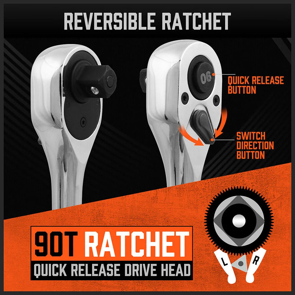 Mini Ratchet Spanner - 1/2 3/8 1/4 Drive 90-Tooth Extension