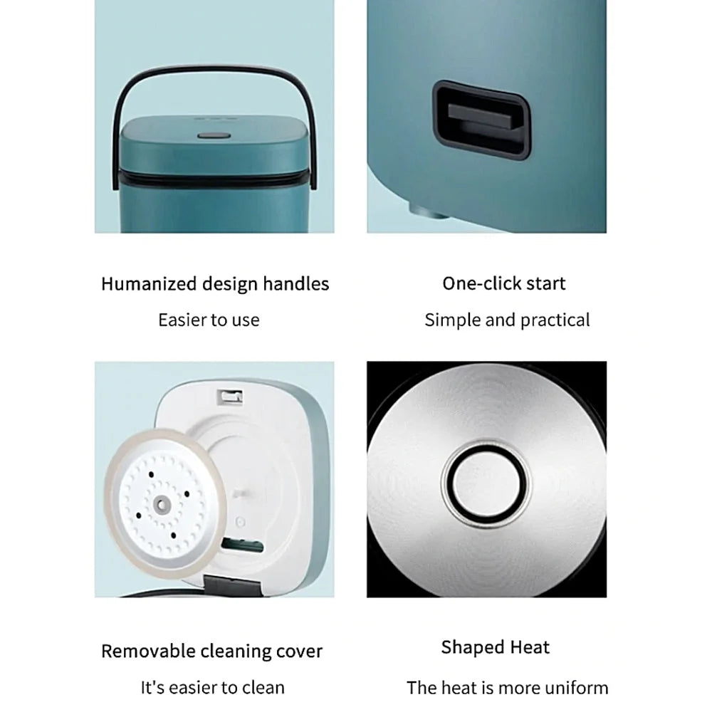 Detail views of the blue mini rice cooker showing its carry handle, front switch, removable inner lid and heating plate