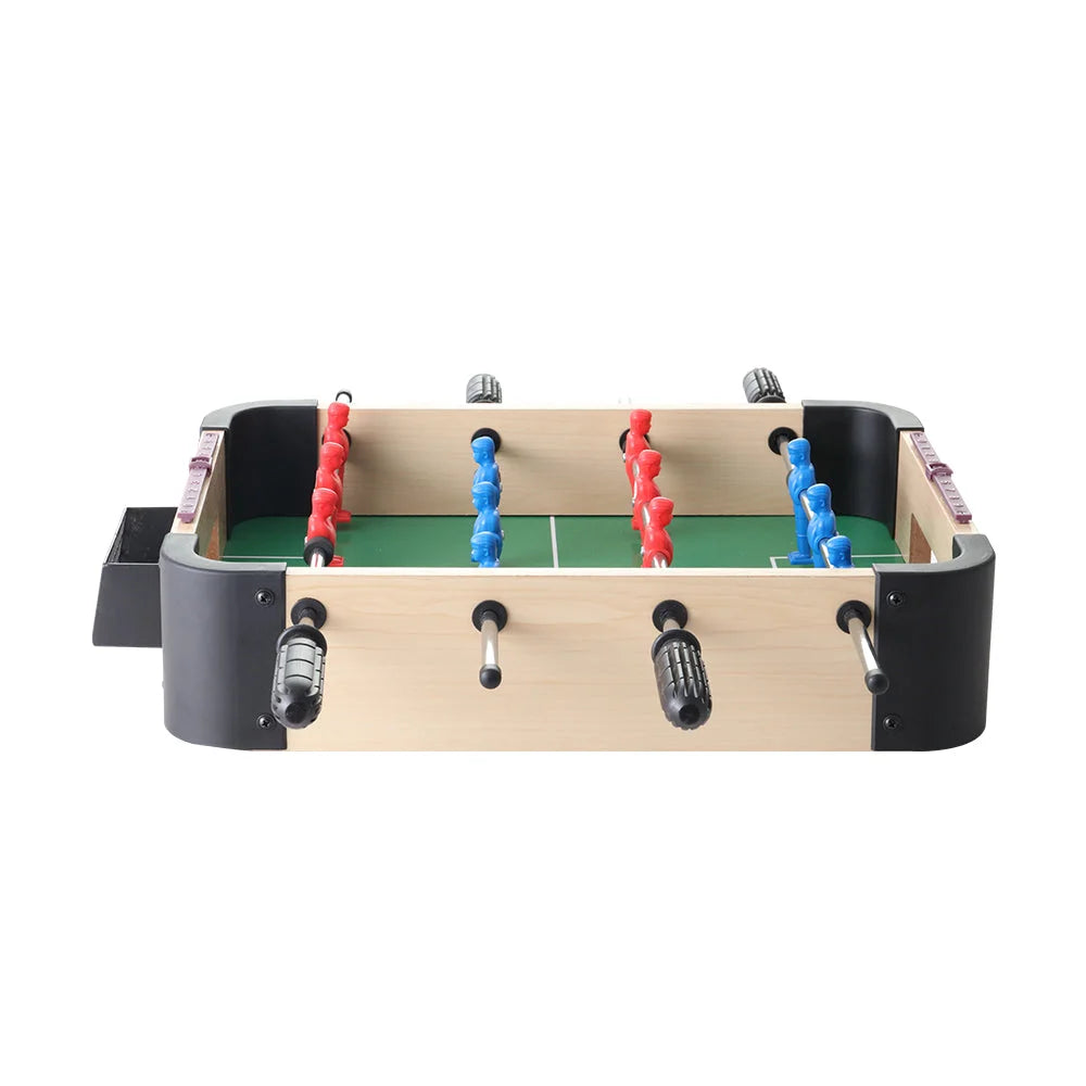 Mini soccer table with caster wheels and side handle rail