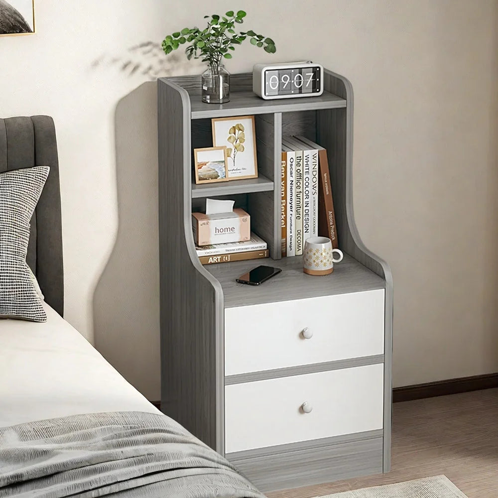 Minimalist Nightstand Light Gray Wood Grain White Fronts