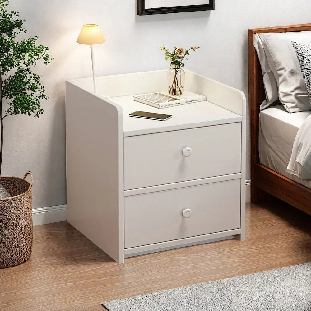 Minimalist Nightstand White Double Drawer Safety Tray