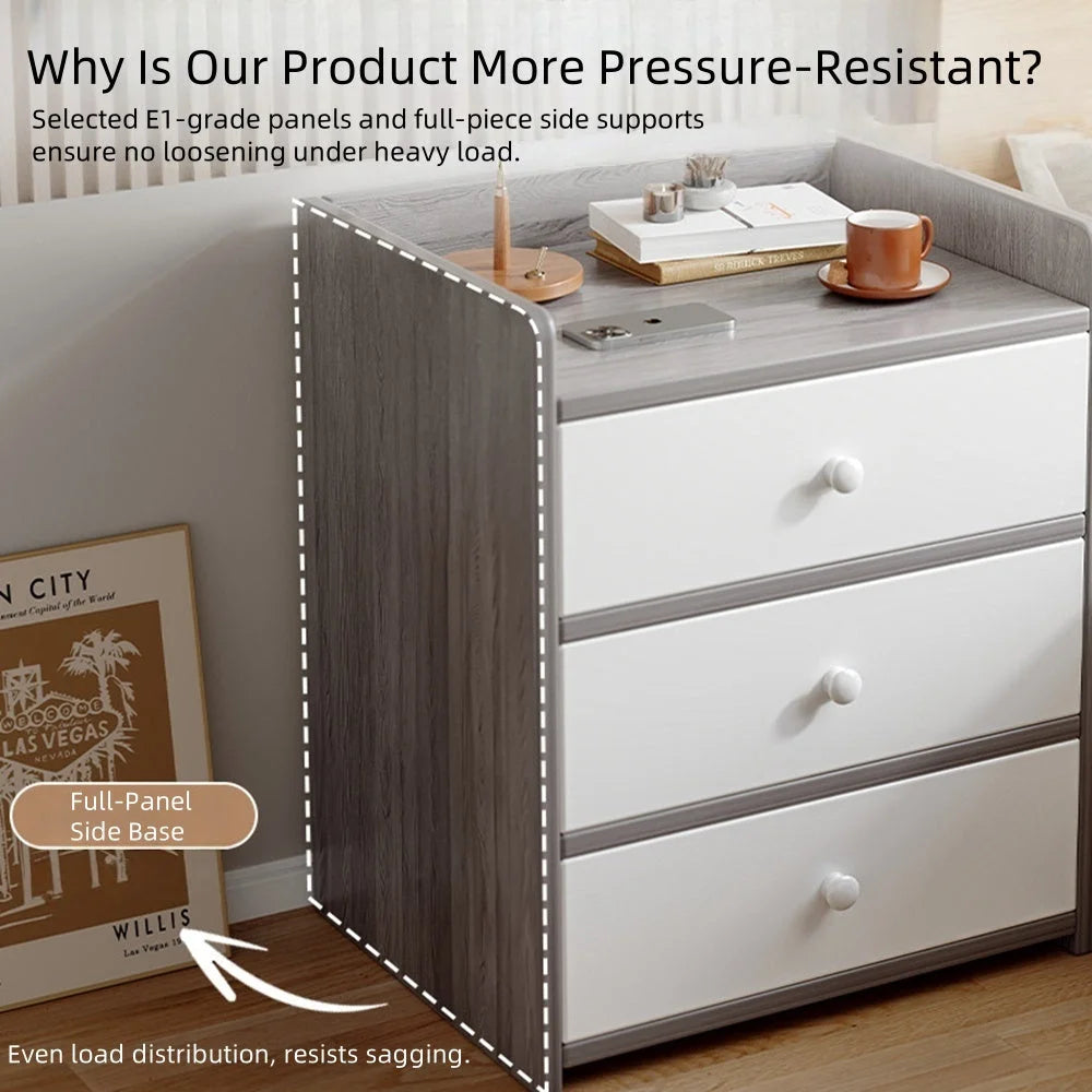 Minimalist Nightstand White Triple Drawer Safety Tray