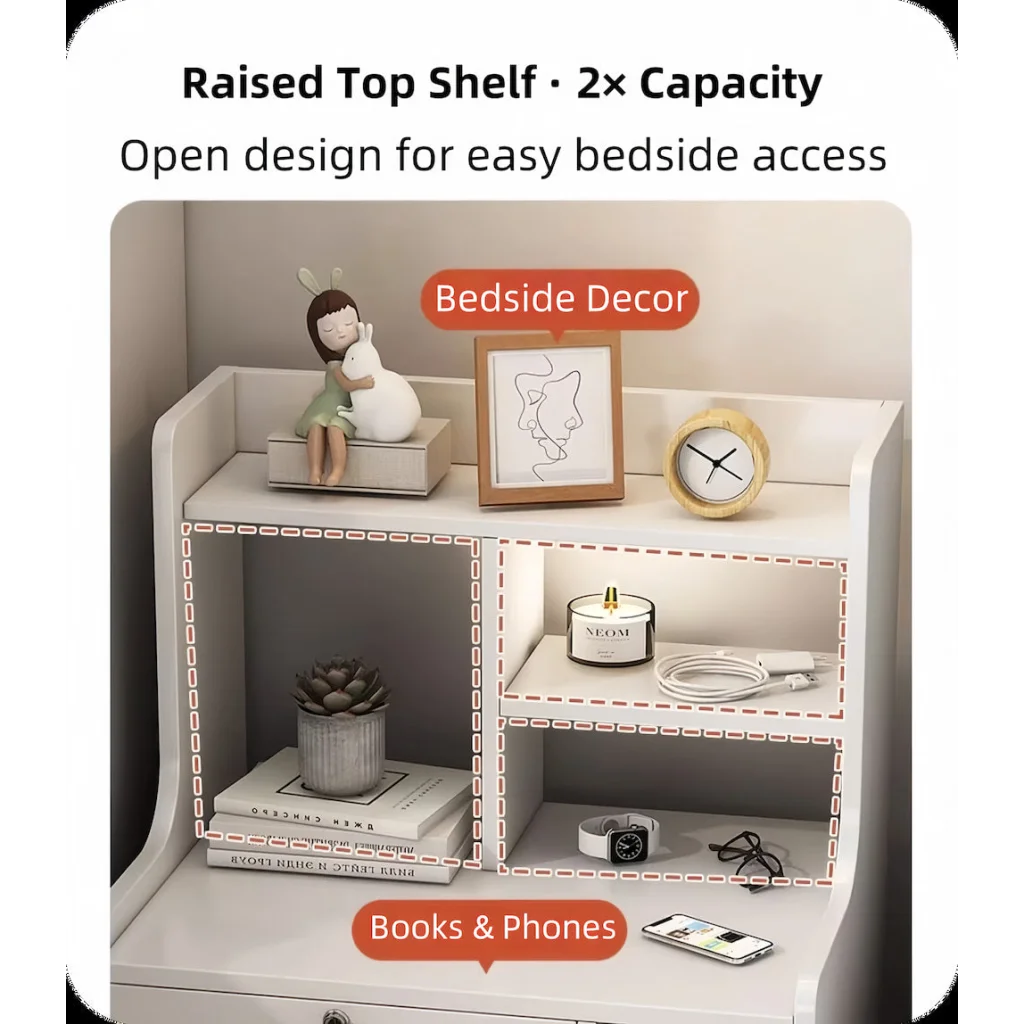 Minimalist Wooden Nightstand Multi-Functional Top Storage
