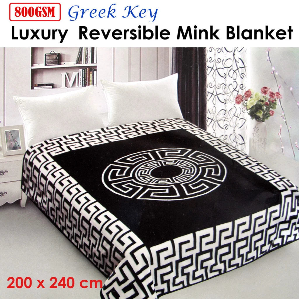 Mink Blanket Luxury Reversible 800GSM Greek Key Black Queen