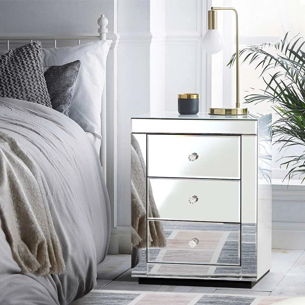 Drawers Presia Silver Glass Bedroom Mirrored Bedside Table