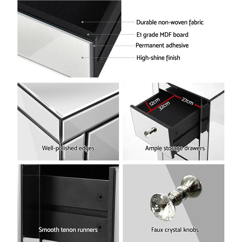 Table Drawers Presia Silver Glass Bedroom Mirrored Bedside