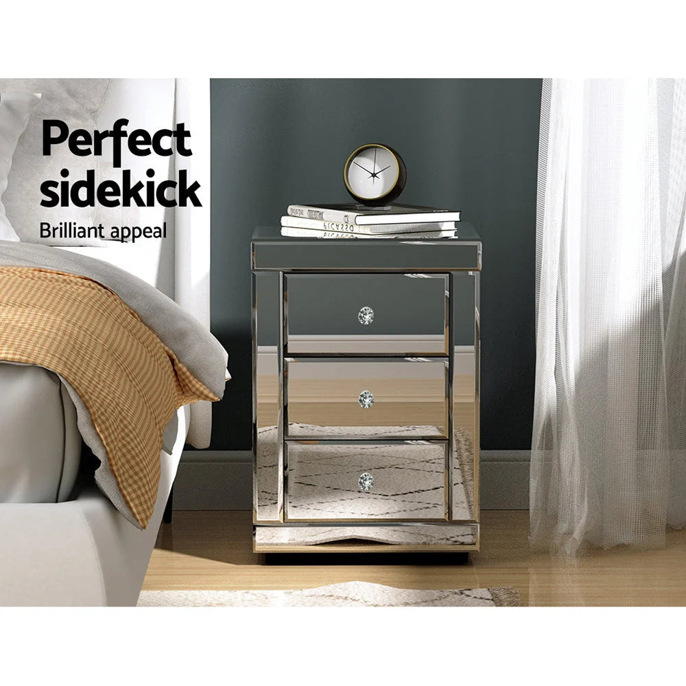 Silver Mirrored Bedside Table Drawers Presia Bedroom Glass