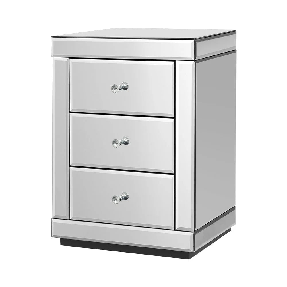 Presia Silver Glass Bedroom Mirrored Bedside Table Drawers