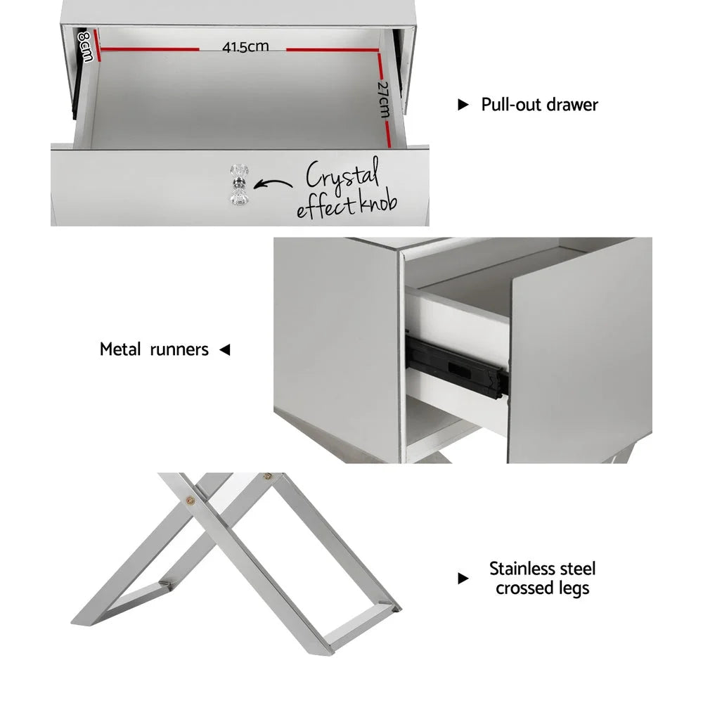 Mirrored Bedside Table Drawers Side Table Storage