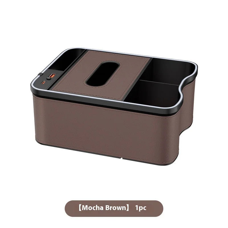 Mocha Brown Car Armrest Storage Box with LED Ambient Light