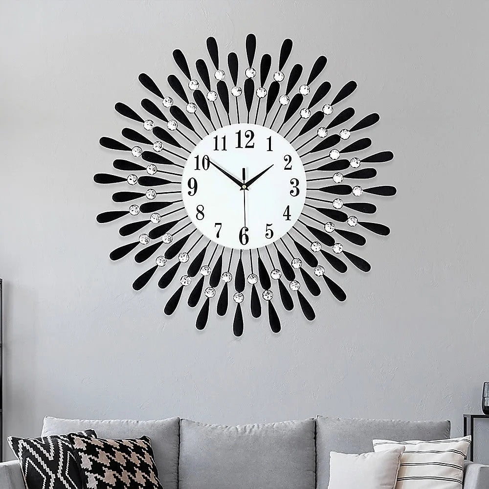 Modern 3D Crystal Wall Clock Luxury Art Metal Round Home